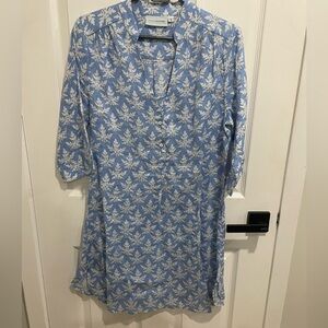 Pink House Mustique Linen Decima dress size large blue white leaf print